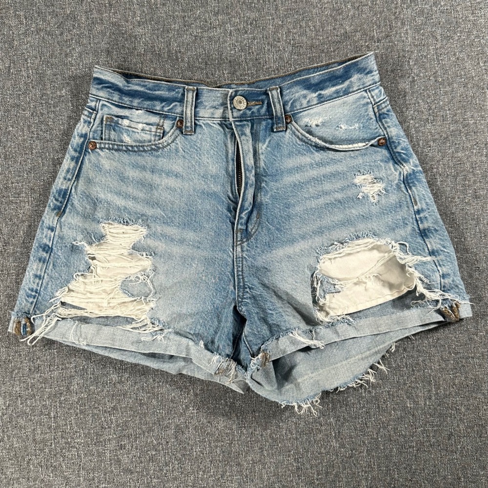 American Eagle Mom Shorts Womens 0 Blue Denim Distressed High Waist Light Wash